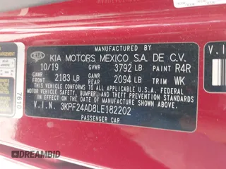 2020 Kia Forte LXS with VIN 3KPF24AD8LE182202, listed as a IAAI auction lot 41853208 with 128,502 mi miles. Bid and sale history available at carsss.com. Image 9.