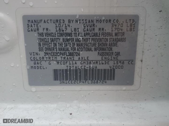 2015 Nissan Versa Note S with VIN 3N1CE2CP4FL388724, listed as a Copart auction lot 82404334 with 150,089 mi miles and Salvage Title. Bid and sale history available at carsss.com. Image 12.