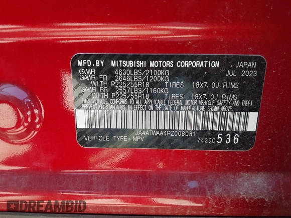 2024 Mitsubishi Eclipse Cross SE z VIN JA4ATWAA4RZ008031, wystawiony jako IAAI lot #42791982 z przebiegiem 21 788 mil mil oraz . Historia ofert i sprzedaży dostępna na DreamBid. Obrazek 9.