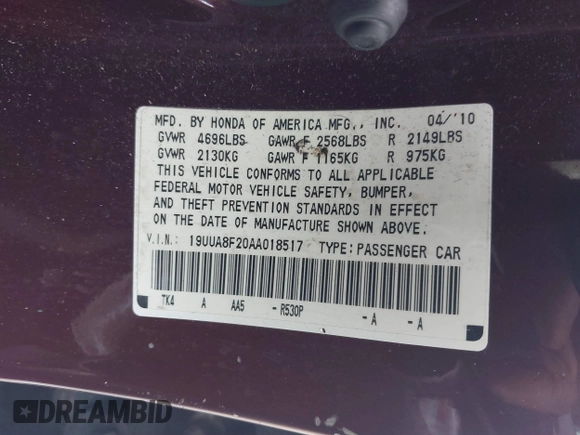 2010 Acura TL z VIN 19UUA8F20AA018517, wystawiony jako IAAI lot #41534748 z przebiegiem Nie podano mil oraz . Historia ofert i sprzedaży dostępna na DreamBid. Obrazek 9.