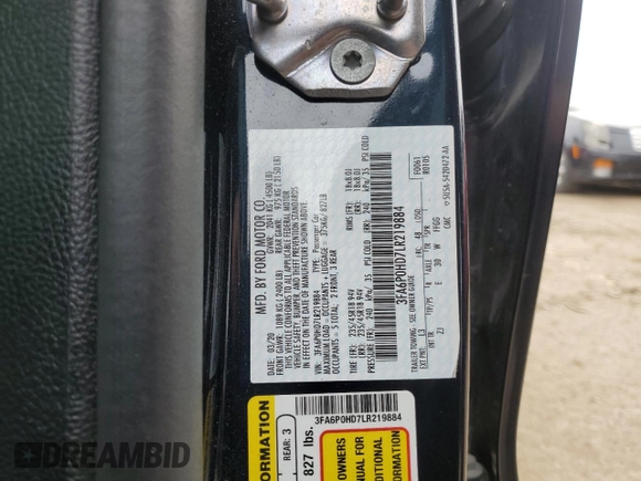 2020 Ford Fusion SE с VIN 3FA6P0HD7LR219884, выставлен на аукционе Copart как лот 57802645 с пробегом 43 520 миль миль и Списание • Salvage title. История ставок и продаж доступна на DreamBid. Изображение 12.