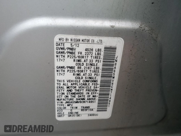 2012 Nissan Rogue S z VIN JN8AS5MV6CW714951, wystawiony jako Copart lot #59200865 z przebiegiem 175 278 mil mil oraz Szkoda całkowita • Salvage title. Historia ofert i sprzedaży dostępna na DreamBid. Obrazek 13.