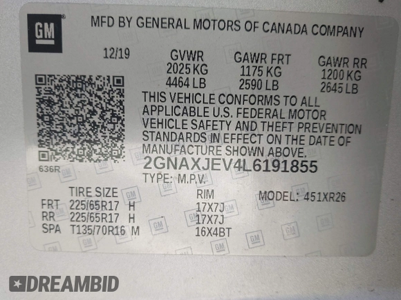 2020 Chevrolet Equinox LT with VIN 2GNAXJEV4L6191855, listed as a IAAI auction lot 42115036 with 131,489 mi miles and . Bid and sale history available at DreamBid. Image 9.