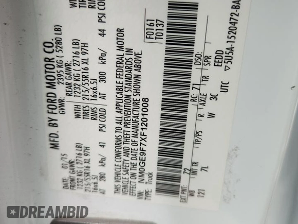 2015 Ford Transit Connect XLT z VIN NM0GE9F7XF1201008, wystawiony jako Copart lot #64605775 z przebiegiem 161 212 mil mil oraz Szkoda całkowita • Salvage title. Historia ofert i sprzedaży dostępna na DreamBid. Obrazek 13.