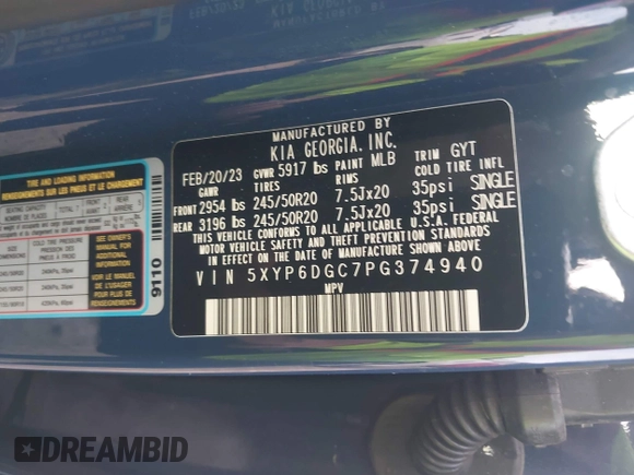 2023 Kia Telluride S with VIN 5XYP6DGC7PG374940, listed as a IAAI auction lot 42422900 with 38,813 mi miles and . Bid and sale history available at DreamBid. Image 9.