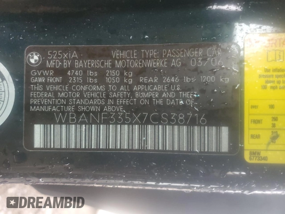 2007 BMW 5 Series 525xi z VIN WBANF335X7CS38716, wystawiony jako Copart lot #43242695 z przebiegiem Nie podano mil oraz Szkoda całkowita • Salvage title. Historia ofert i sprzedaży dostępna na DreamBid. Obrazek 14.