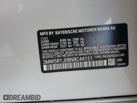 2022 BMW 3 Series 330i with VIN 3MW5R1J08N8C44151, listed as a Copart auction lot 85958404 with 28,213 mi miles and Salvage Title. Bid and sale history available at carsss.com. Image 13.
