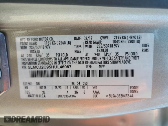 2017 Lincoln MKC Select with VIN 5LMCJ2C95HUL46087, listed as a Copart auction lot 58345805 with 56,326 mi miles and Salvage title. Bid and sale history available at DreamBid. Image 12.