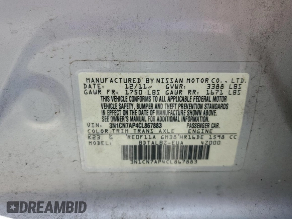 2012 Nissan Versa S with VIN 3N1CN7AP4CL867883, listed as a Copart auction lot 55917815 with 136,405 mi miles and Salvage title. Bid and sale history available at DreamBid. Image 12.