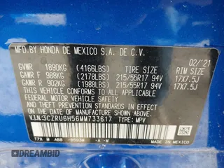 2021 Honda HR-V EX with VIN 3CZRU6H56MM733617, listed as a IAAI auction lot 41793211 with 53,327 mi miles. Bid and sale history available at carsss.com. Image 9.