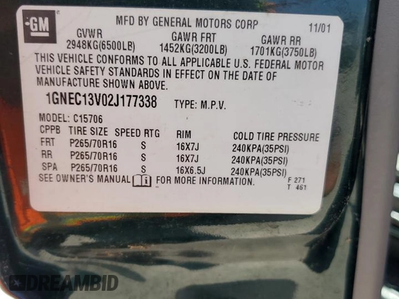 2002 Chevrolet Tahoe LS с VIN 1GNEC13V02J177338, выставлен на аукционе Copart как лот 57713945 с пробегом 420 160 миль миль и Чистый • Clean title. История ставок и продаж доступна на DreamBid. Изображение 12.