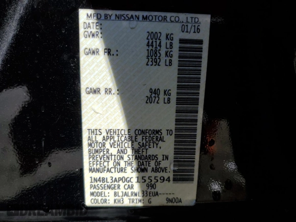 2016 Nissan Altima SR with VIN 1N4BL3AP0GC155594, listed as a Copart auction lot 48986565 with 123,373 mi miles and Salvage Title. Bid and sale history available at carsss.com. Image 12.