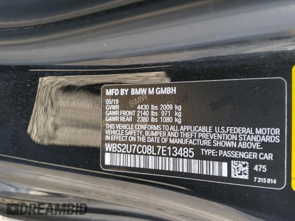 2020 BMW M2 Competition with VIN WBS2U7C08L7E13485, listed as a Copart auction lot 87297134 with 40,260 mi miles and Salvage Title. Bid and sale history available at carsss.com. Image 14.