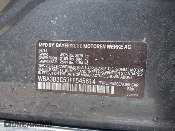2015 BMW 3 Series 328i xDrive with VIN WBA3B3C53FF545614, listed as a IAAI auction lot 42020617 with 133,107 mi miles and . Bid and sale history available at DreamBid. Image 9.