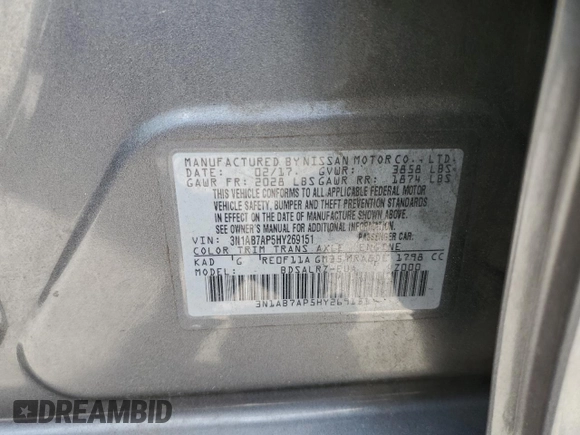 2017 Nissan Sentra S с VIN 3N1AB7AP5HY269151, выставлен на аукционе Copart как лот 52516245 с пробегом 165 140 миль миль и Списание • Salvage title. История ставок и продаж доступна на DreamBid. Изображение 12.