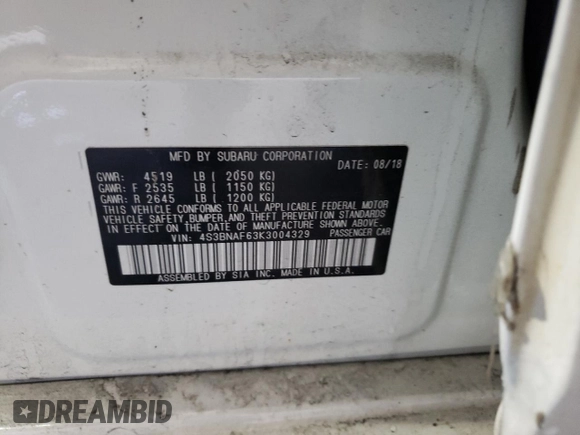 2019 Subaru Legacy Premium with VIN 4S3BNAF63K3004329, listed as a Copart auction lot 65595262 with 0 mi miles. Bid and sale history available at carsss.com. Image 10.