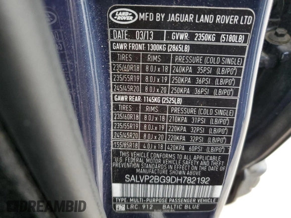2013 Land Rover Range Rover Evoque Pure Plus with VIN SALVP2BG9DH782192, listed as a Copart auction lot 44839185 with 132,091 mi miles and Clean Title. Bid and sale history available at carsss.com. Image 13.