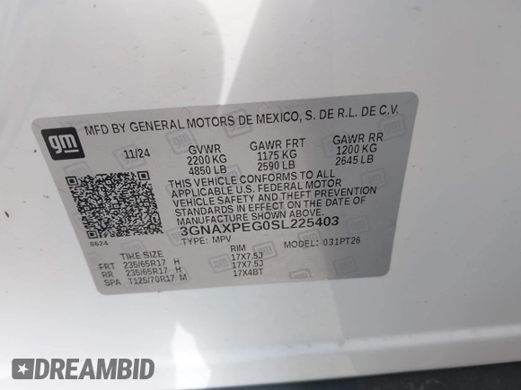 2025 Chevrolet Equinox AWD LT with VIN 3GNAXPEG0SL225403, listed as a IAAI auction lot 41939132 with 9,788 mi miles. Bid and sale history available at carsss.com. Image 9.