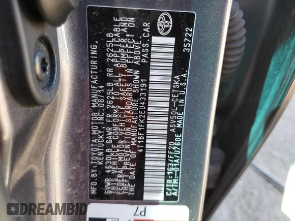 2014 Toyota Camry L with VIN 4T1BF1FK2EU433191, listed as a Copart auction lot 73363254 with 124,097 mi miles and Salvage Title. Bid and sale history available at carsss.com. Image 12.