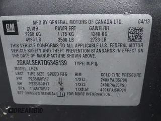 2013 GMC Terrain SLE with VIN 2GKALSEK7D6345139, listed as a IAAI auction lot 41071426 with 138,751 mi miles. Bid and sale history available at carsss.com. Image 9.