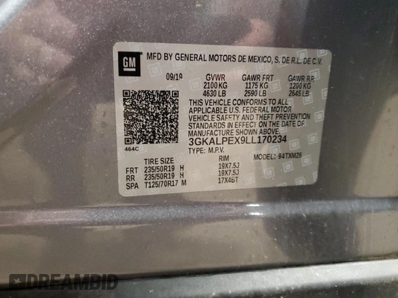 2020 GMC Terrain SLT with VIN 3GKALPEX9LL170234, listed as a Copart auction lot 63654115 with 143,113 mi miles and Clean title. Bid and sale history available at DreamBid. Image 13.