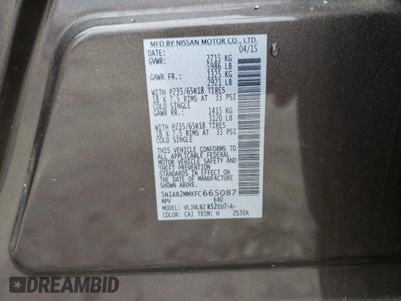 2015 Nissan Pathfinder SL с VIN 5N1AR2MMXFC665087, выставлен на аукционе Copart как лот 60287635 с пробегом 226 359 миль миль и Чистый • Clean title. История ставок и продаж доступна на DreamBid. Изображение 13.