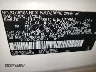 2012 Toyota RAV4 Limited z VIN 2T3DK4DV2CW088574, wystawiony jako Copart lot #62393385 z przebiegiem Nie podano mil oraz Szkoda całkowita • Salvage title. Historia ofert i sprzedaży dostępna na DreamBid. Obrazek 13.