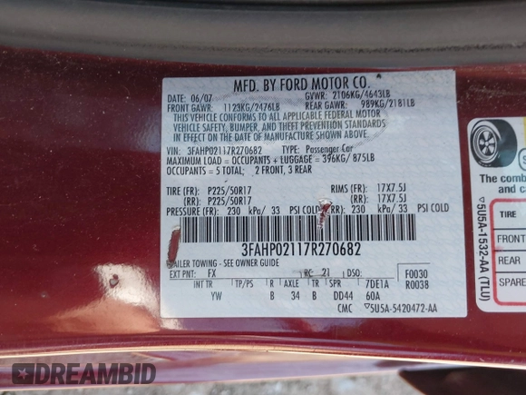 2007 Ford Fusion SEL with VIN 3FAHP02117R270682, listed as a IAAI auction lot 41846533 with 232,572 mi miles. Bid and sale history available at carsss.com. Image 9.