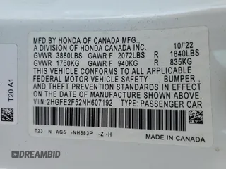 2022 Honda Civic Sedan Sport with VIN 2HGFE2F52NH607192, listed as a Copart auction lot 50379335 with 27,888 mi miles and Salvage Title. Bid and sale history available at carsss.com. Image 12.