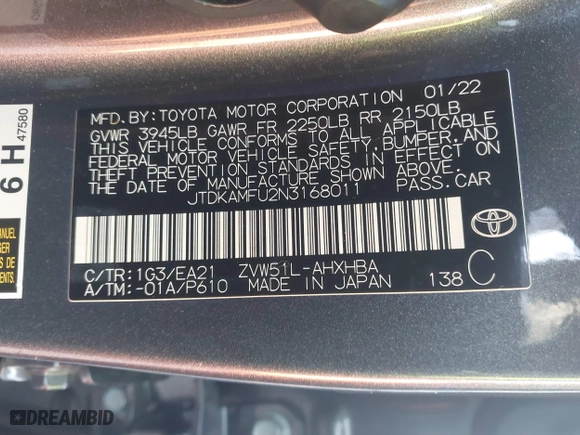 2022 Toyota Prius L Eco with VIN JTDKAMFU2N3168011, listed as a IAAI auction lot 41602356 with 34,977 mi miles. Bid and sale history available at carsss.com. Image 9.