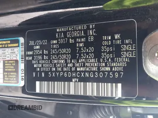 2022 Kia Telluride S with VIN 5XYP6DHCXNG307597, listed as a IAAI auction lot 42443135 with 46,356 mi miles and . Bid and sale history available at DreamBid. Image 9.
