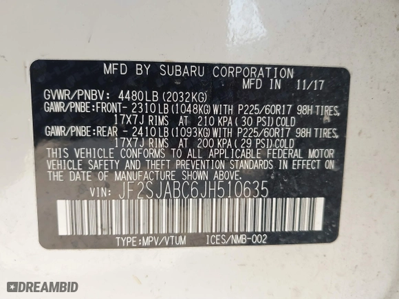 2018 Subaru Forester with VIN JF2SJABC6JH510635, listed as a IAAI auction lot 41506311 with 113,324 mi miles. Bid and sale history available at carsss.com. Image 9.