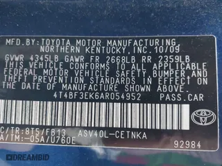 2010 Toyota Camry with VIN 4T4BF3EK6AR054952, listed as a IAAI auction lot 41821925 with 126,771 mi miles. Bid and sale history available at carsss.com. Image 9.