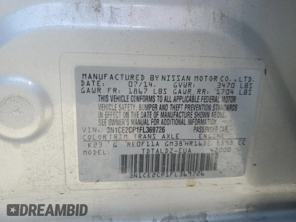 2015 Nissan Note S with VIN 3N1CE2CP1FL369726, listed as a Copart auction lot 59230855 with 158,661 mi miles and Salvage title. Bid and sale history available at DreamBid. Image 12.