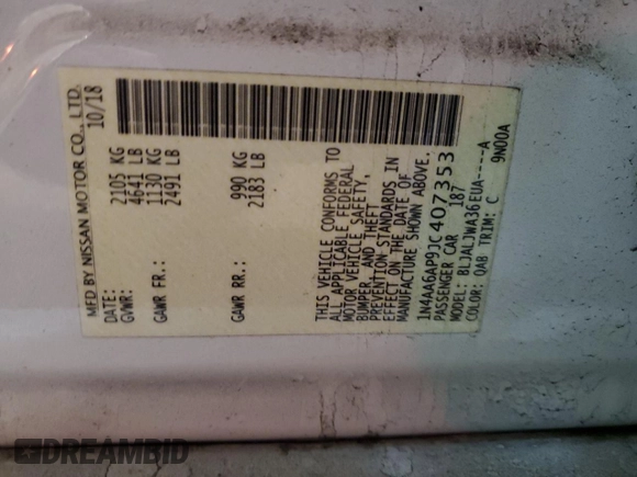 2018 Nissan Maxima SR with VIN 1N4AA6AP9JC407353, listed as a Copart auction lot 88741325 with 72,135 mi miles and Salvage Title. Bid and sale history available at carsss.com. Image 12.