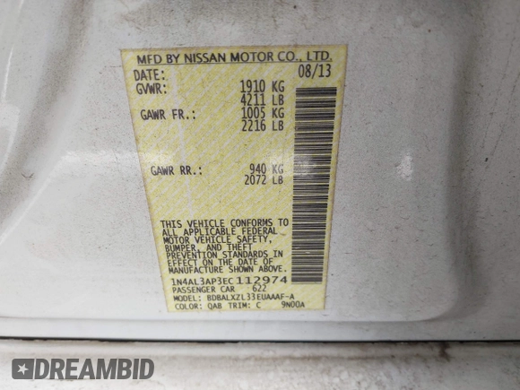 2014 Nissan Altima S with VIN 1N4AL3AP3EC112974, listed as a IAAI auction lot 41834635 with 240,516 mi miles and . Bid and sale history available at DreamBid. Image 9.