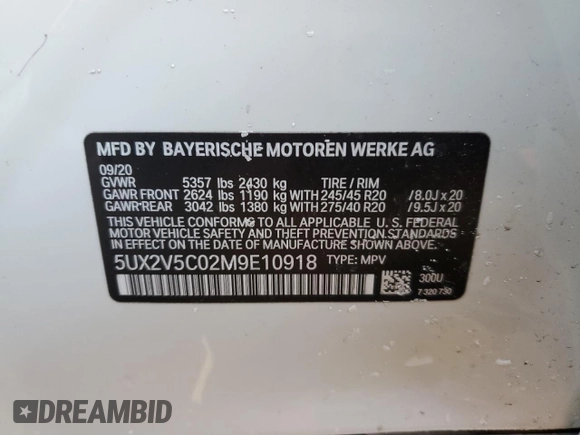 2021 BMW X4 M40i with VIN 5UX2V5C02M9E10918, listed as a Copart auction lot 42954645 with Not provided miles and Salvage title. Bid and sale history available at DreamBid. Image 13.