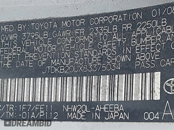 2008 Toyota Prius z VIN JTDKB20UX83375034, wystawiony jako IAAI lot #41793248 z przebiegiem Nie podano mil oraz . Historia ofert i sprzedaży dostępna na DreamBid. Obrazek 9.