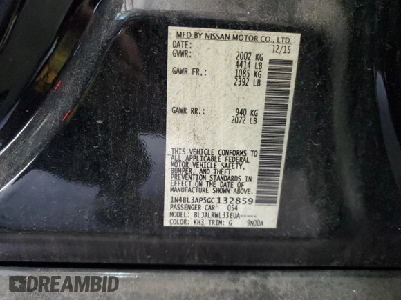 2016 Nissan Altima SR with VIN 1N4BL3AP5GC132859, listed as a Copart auction lot 79662174 with 147,479 mi miles and Salvage Title. Bid and sale history available at carsss.com. Image 12.