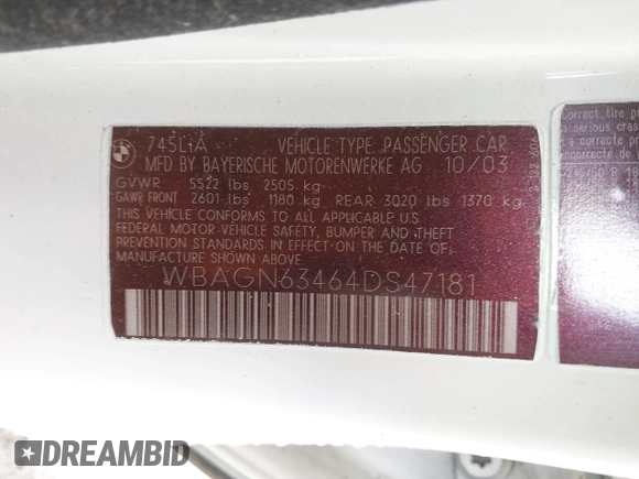 2004 BMW 7 Series 745Li с VIN WBAGN63464DS47181, выставлен на аукционе IAAI как лот 42236487 с пробегом 143 707 миль миль и . История ставок и продаж доступна на DreamBid. Изображение 9.
