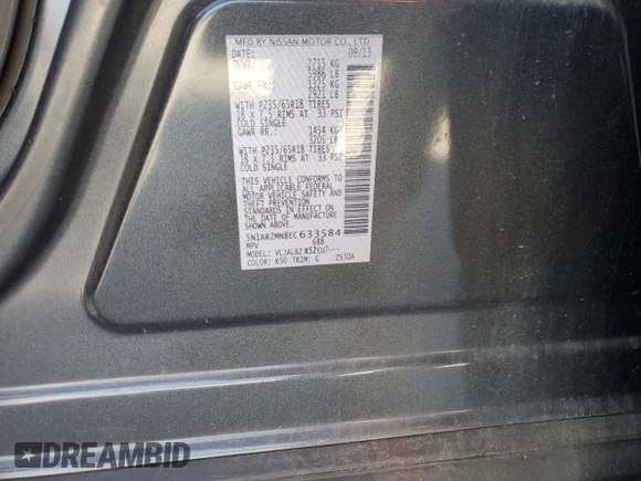 2014 Nissan Pathfinder S with VIN 5N1AR2MN8EC633584, listed as a Copart auction lot 53186925 with 144,650 mi miles and Salvage Title. Bid and sale history available at carsss.com. Image 15.