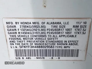 2011 Honda Pilot EX with VIN 5FNYF3H48BB029583, listed as a IAAI auction lot 42096963 with 263,545 mi miles and . Bid and sale history available at carsss.com. Image 9.