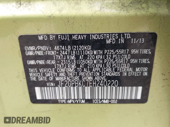 2014 Subaru Crosstrek Touring with VIN JF2GPBKC7EH240220, listed as a IAAI auction lot 42082270 with 176,033 mi miles and . Bid and sale history available at DreamBid. Image 9.