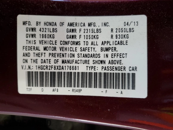 2013 Honda Accord Sdn EX-L with VIN 1HGCR2F8XDA176681, listed as a Copart auction lot 54115705 with 219,518 mi miles and Salvage Title. Bid and sale history available at carsss.com. Image 12.