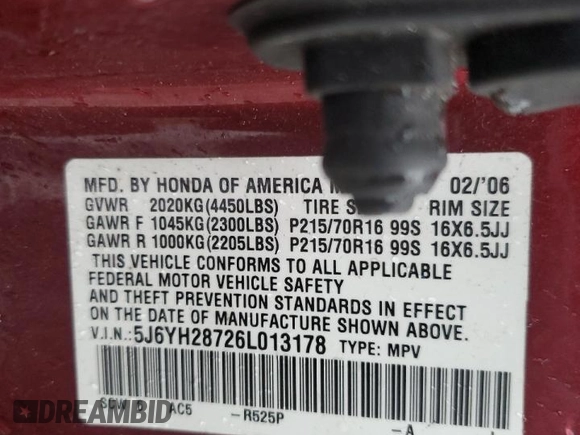 2006 Honda Element EX-P with VIN 5J6YH28726L013178, listed as a Copart auction lot 48174965 with 136,948 mi miles and Salvage Title. Bid and sale history available at DreamBid. Image 16.