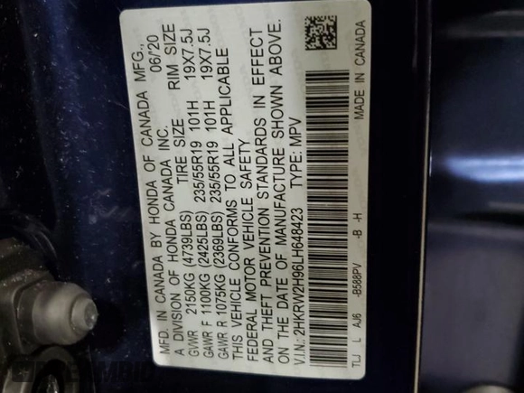 2020 Honda CR-V Touring with VIN 2HKRW2H96LH648423, listed as a Copart auction lot 54510035 with 68,663 mi miles and Salvage title. Bid and sale history available at DreamBid. Image 13.