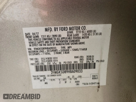 2017 Ford Flex Limited z VIN 2FMGK5D89HBA09033, wystawiony jako Copart lot #48597495 z przebiegiem 142 567 mil mil oraz Szkoda całkowita • Salvage title. Historia ofert i sprzedaży dostępna na DreamBid. Obrazek 13.