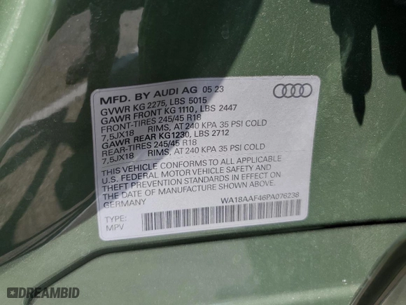 2023 Audi A4 allroad Premium Plus with VIN WA18AAF46PA076238, listed as a Copart auction lot 58151094 with 2,889 mi miles and Salvage Title. Bid and sale history available at carsss.com. Image 14.