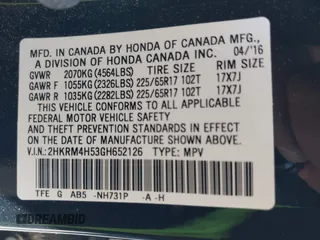 2016 Honda CR-V EX with VIN 2HKRM4H53GH652126, listed as a IAAI auction lot 42072753 with 82,201 mi miles and . Bid and sale history available at DreamBid. Image 9.