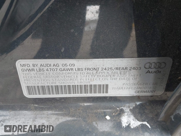 2010 Audi A4 2.0T Premium Plus with VIN WAUEFAFL2AN001812, listed as a IAAI auction lot 41501229 with 169,478 mi miles. Bid and sale history available at carsss.com. Image 9.
